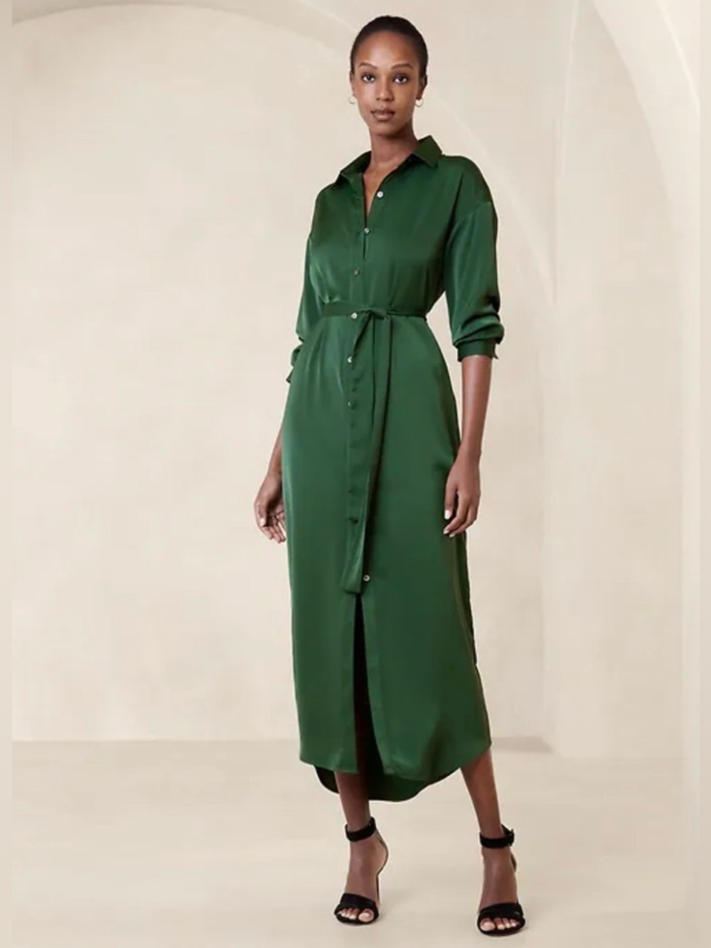 Banana Republic Classic Green Button-Front Maxi Shirt Dress with Waist Tie